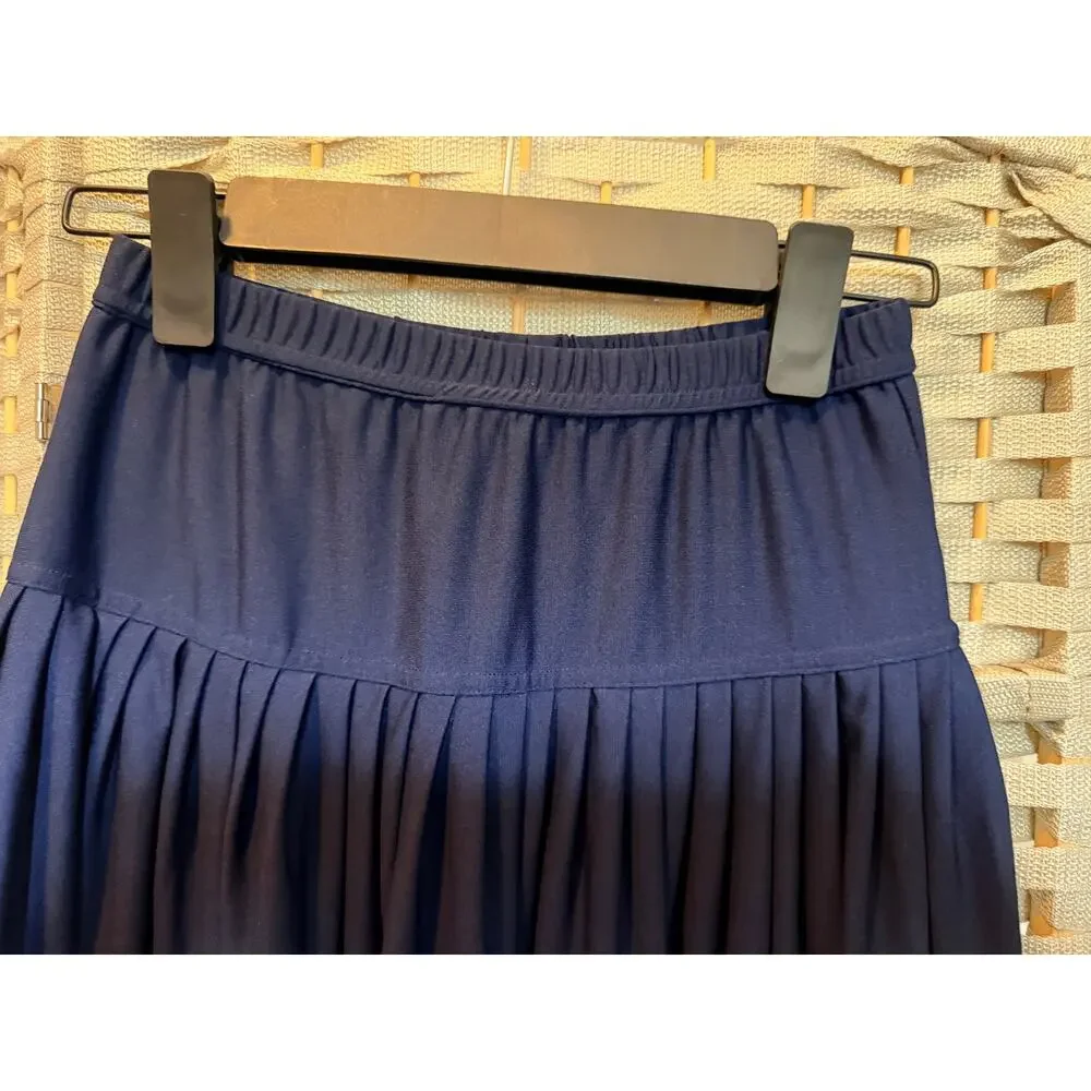 Ounce Women's Size 12 Navy Blue Pleated Midi Skirt Stretch Elastic Waist